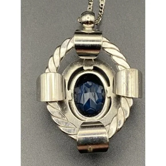 Vintage Blue Glass Pendant Necklace Faceted Silver Tone Dog Tooth Ornate Setting - Picture 7 of 9